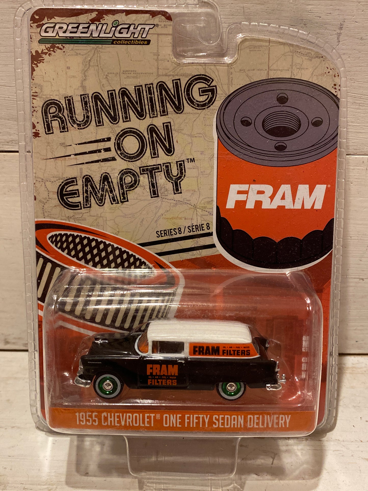 Greenlight Collectibles Running On Empty Series 8 - Fram Filters 1955 Chevrolet One Fifty Sedan Delivery- Chase