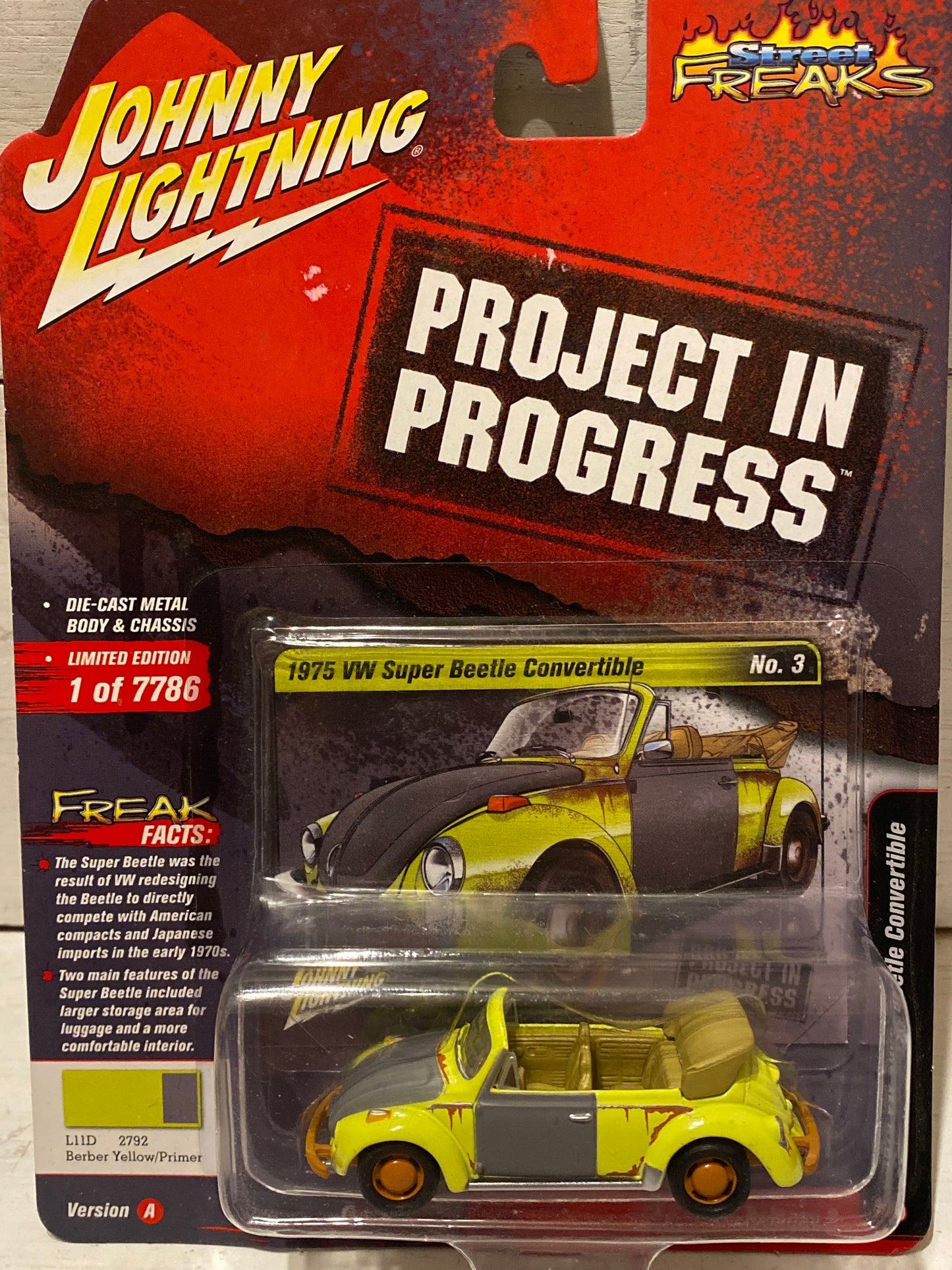 Johnny Lightning Street Freaks Project in Progress 2021 Release 2 - 1975 VW Super Beetle Convertible - Yellow