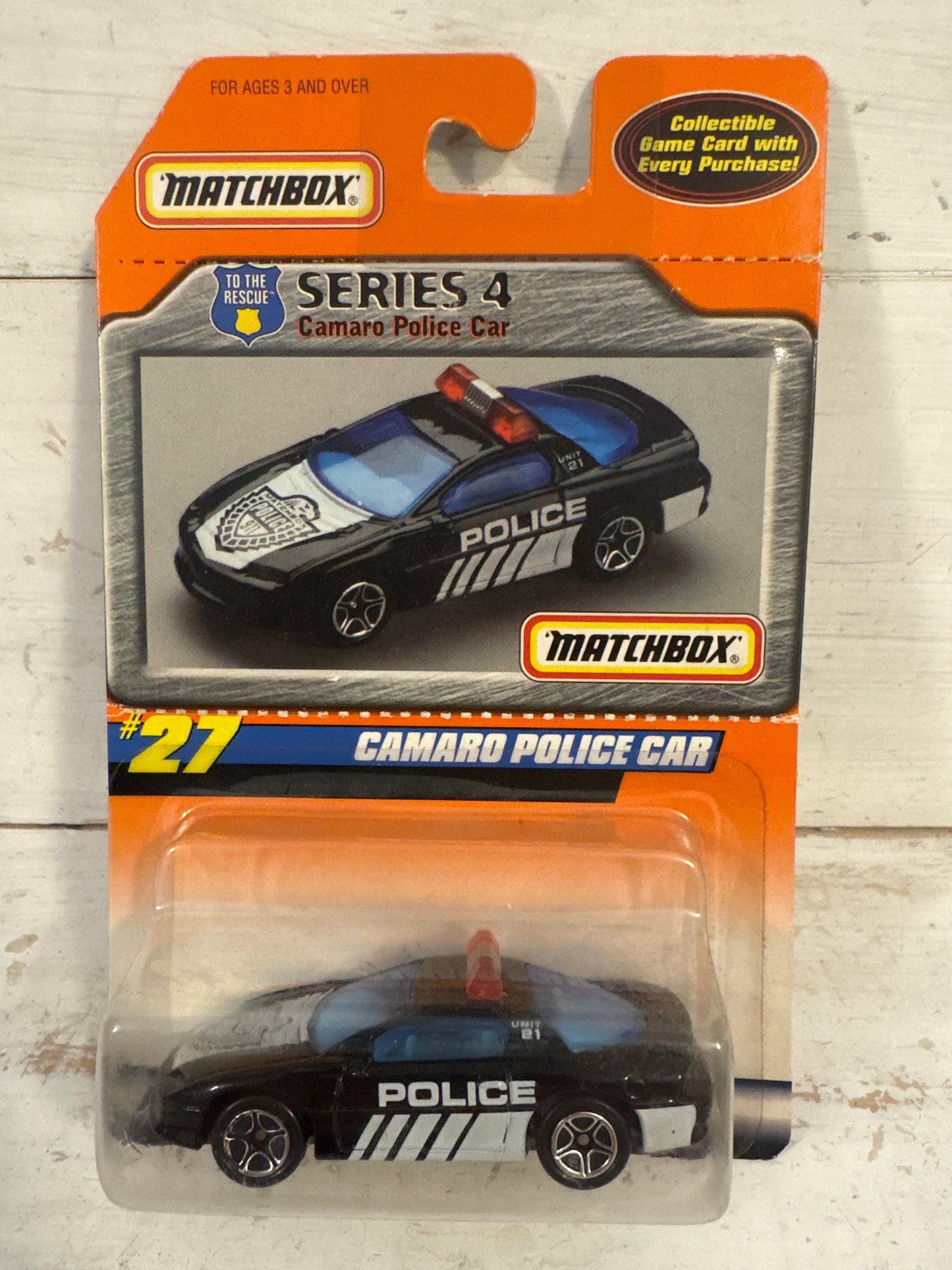 Matchbox - Camaro Police Car - on rare collectable game card